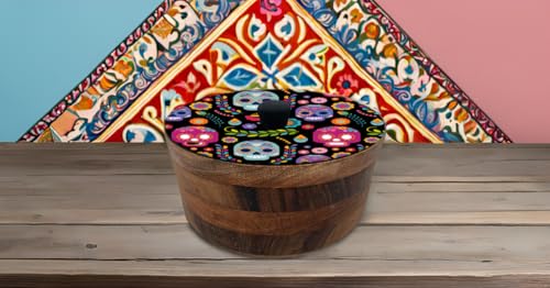 Tortillero Artesanal De Madera De Parota Con Tapa Decorada Y Resina – Hecho A Mano En México Por Mujeres Artesanas Modelo: Calaveritas