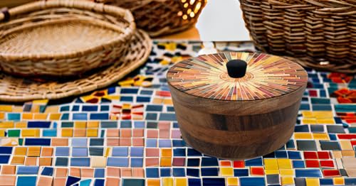 Tortillero Artesanal De Madera De Parota Con Tapa Decorada Y Resina – Hecho A Mano En México Por Mujeres Artesanas Modelo: Mosaico Italiano