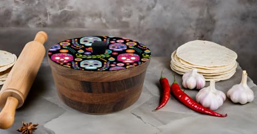 Tortillero Artesanal De Madera De Parota Con Tapa Decorada Y Resina – Hecho A Mano En México Por Mujeres Artesanas Modelo: Calaveritas