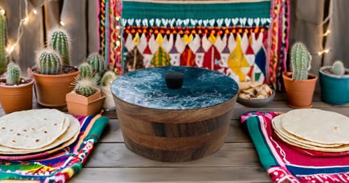 Tortillero Artesanal De Madera De Parota Con Tapa Decorada Y Resina – Hecho A Mano En México Por Mujeres Artesanas Modelo: Oceánica