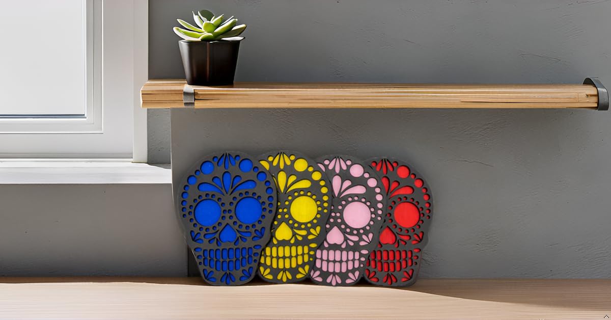 Set De Portavasos Día De Muertos En Forma De Calavera En Madera De Mdf - Hechos Y Pintados A Mano | Hecho a mano en México
