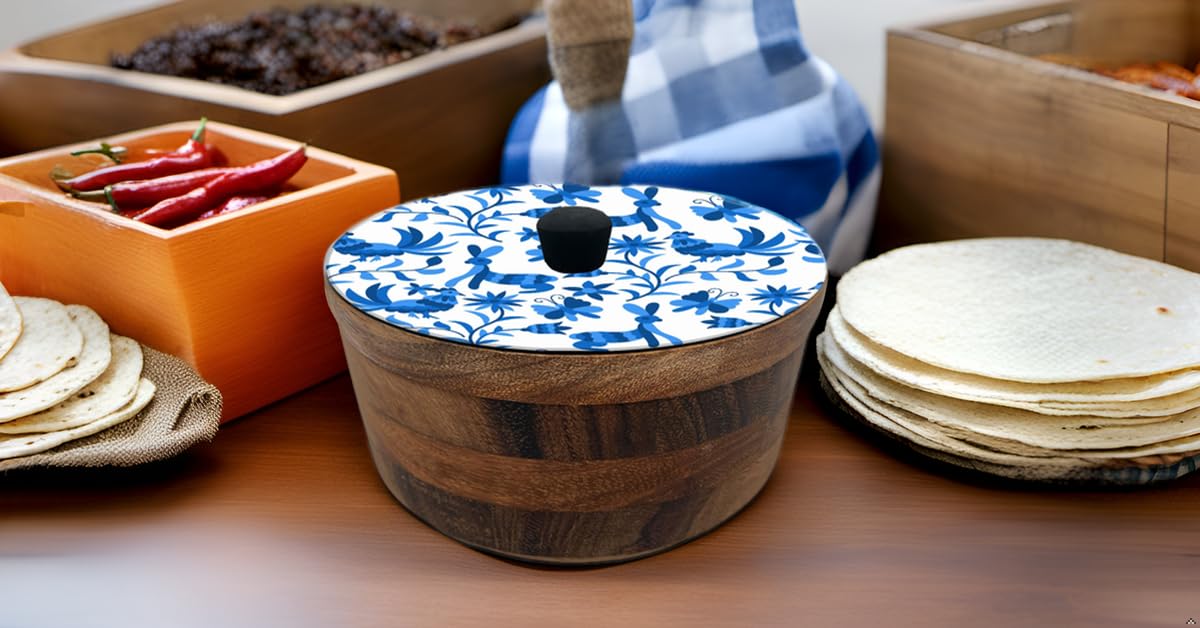 Tortillero Artesanal De Madera De Parota Con Tapa Decorada Y Resina – Hecho A Mano En México Por Mujeres Artesanas Modelo: Otomí Blanco