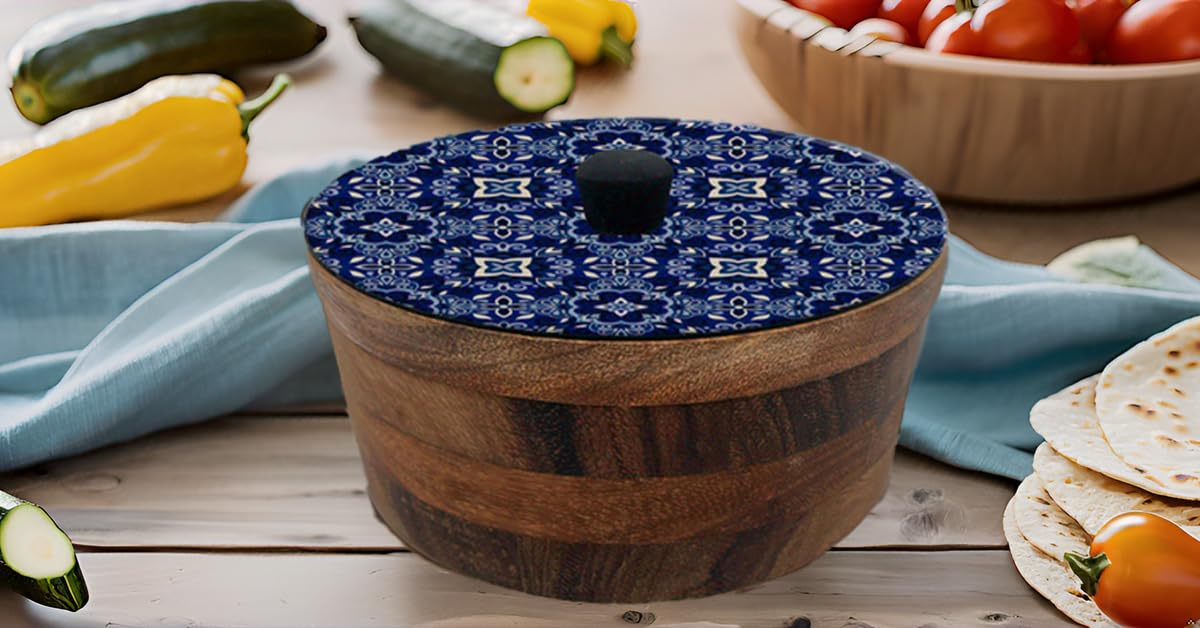 Tortillero Artesanal De Madera De Parota Con Tapa Decorada Y Resina – Hecho A Mano En México Por Mujeres Artesanas Modelo: Talavera Marino