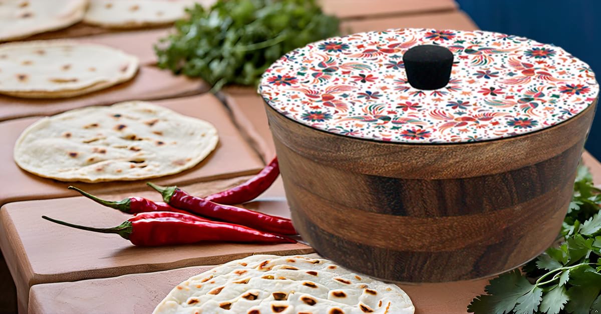 Tortillero Artesanal De Madera De Parota Con Tapa Decorada Y Resina – Hecho A Mano En México Por Mujeres Artesanas Modelo: Tenango Blanco
