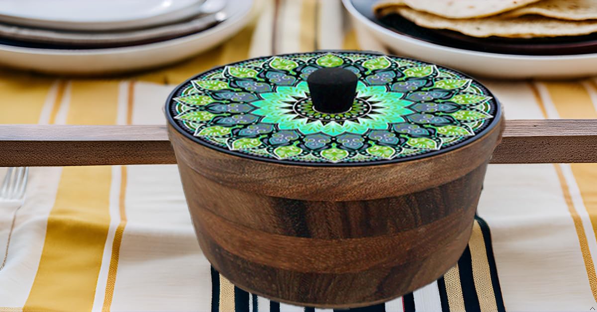 Tortillero Artesanal De Madera De Parota Con Tapa Decorada Y Resina – Hecho A Mano En México Por Mujeres Artesanas Modelo: Mandala