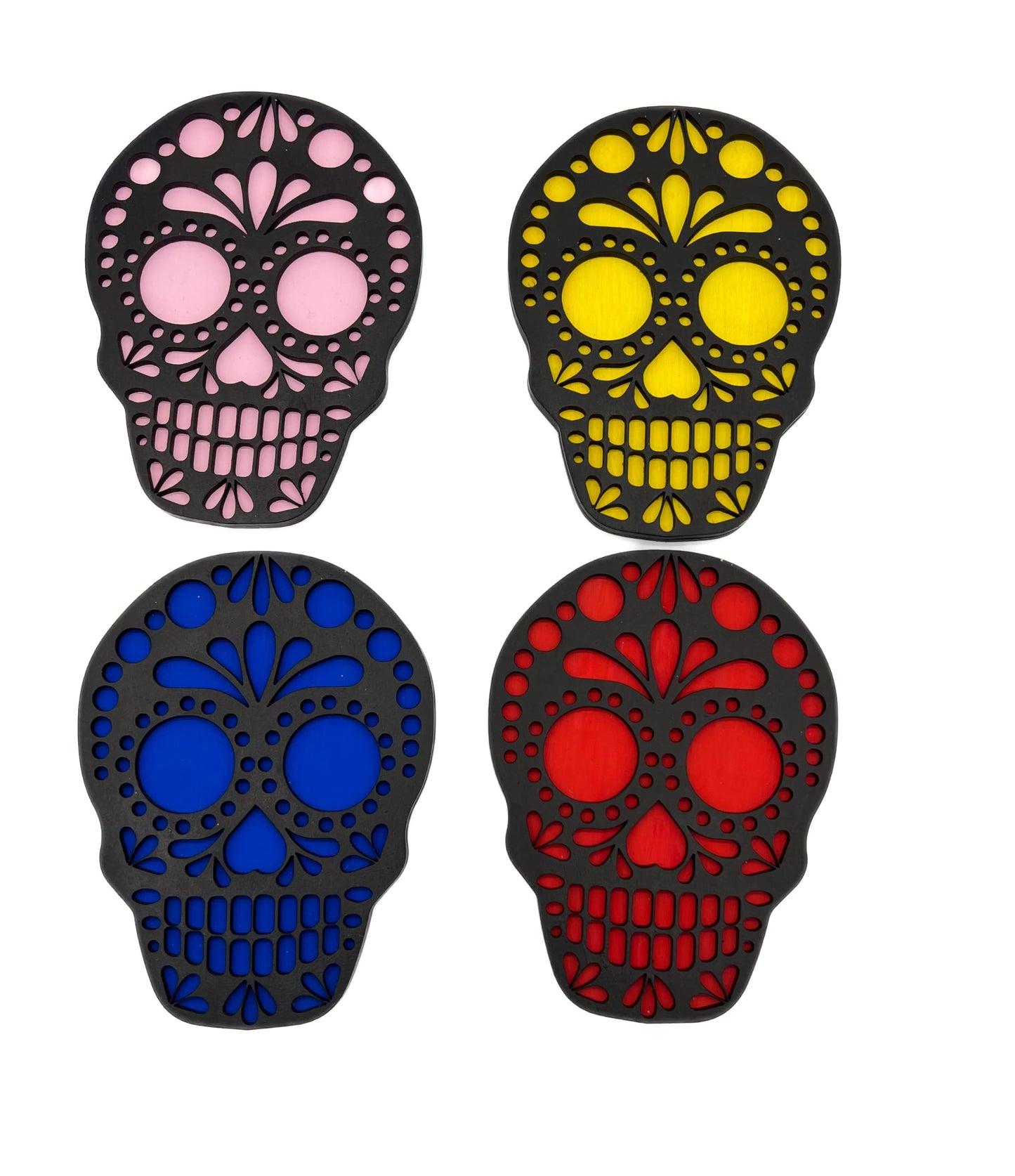 Set De Portavasos Día De Muertos En Forma De Calavera En Madera De Mdf - Hechos Y Pintados A Mano | Hecho a mano en México