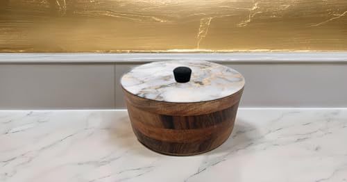 Tortillero Artesanal De Madera De Parota Con Tapa Decorada Y Resina – Hecho A Mano En México Por Mujeres Artesanas Modelo: Mármol Deluxe