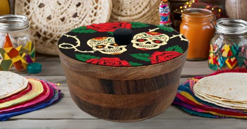 Tortillero Artesanal De Madera De Parota Con Tapa Decorada Y Resina – Hecho A Mano En México Por Mujeres Artesanas Modelo: Día De Muertos