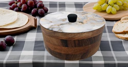 Tortillero Artesanal De Madera De Parota Con Tapa Decorada Y Resina – Hecho A Mano En México Por Mujeres Artesanas Modelo: Mármol Deluxe