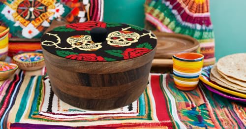 Tortillero Artesanal De Madera De Parota Con Tapa Decorada Y Resina – Hecho A Mano En México Por Mujeres Artesanas Modelo: Día De Muertos