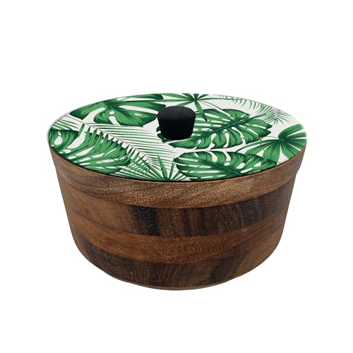 Imagen de tortillero artesanal de madera de parota con tapa decorada y resina – hecho a mano en méxico por mujeres artesanas modelo: monstera artesanal mexicano