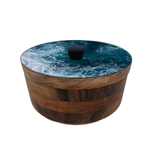 Imagen de tortillero artesanal de madera de parota con tapa decorada y resina – hecho a mano en méxico por mujeres artesanas modelo: oceánica artesanal mexicano