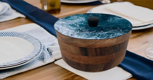 Tortillero Artesanal De Madera De Parota Con Tapa Decorada Y Resina – Hecho A Mano En México Por Mujeres Artesanas Modelo: Oceánica