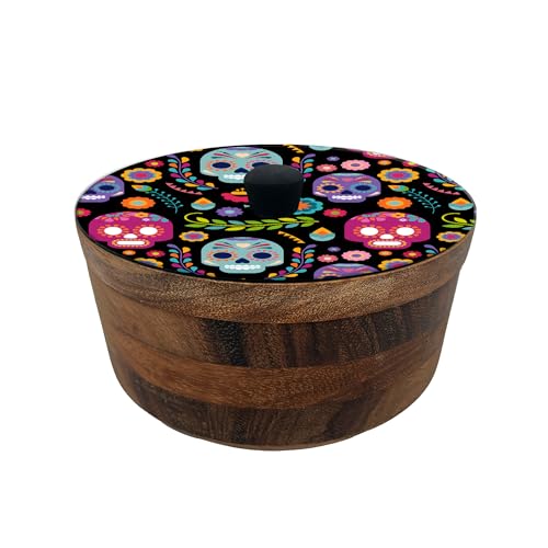 Imagen de tortillero artesanal de madera de parota con tapa decorada y resina – hecho a mano en méxico por mujeres artesanas modelo: calaveritas artesanal mexicano