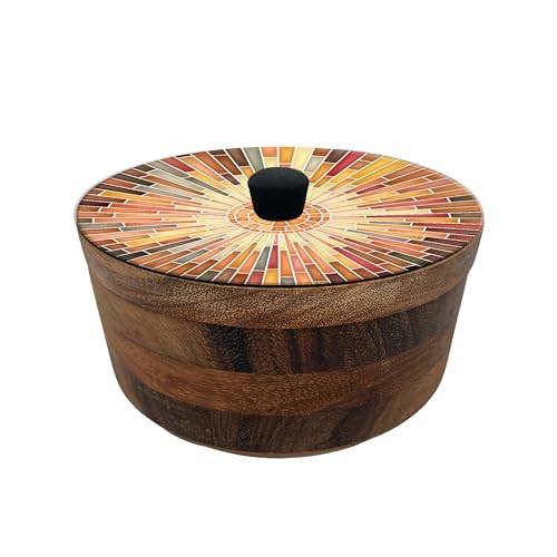 Imagen de tortillero artesanal de madera de parota con tapa decorada y resina – hecho a mano en méxico por mujeres artesanas modelo: mosaico italiano artesanal mexicano