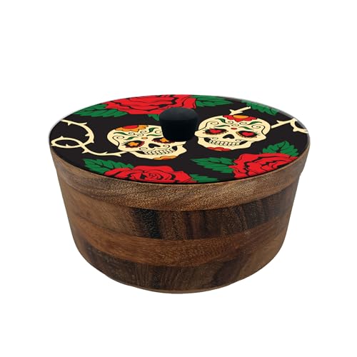 Imagen de tortillero artesanal de madera de parota con tapa decorada y resina – hecho a mano en méxico por mujeres artesanas modelo: día de muertos artesanal mexicano