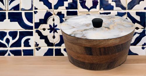 Tortillero Artesanal De Madera De Parota Con Tapa Decorada Y Resina – Hecho A Mano En México Por Mujeres Artesanas Modelo: Mármol Deluxe