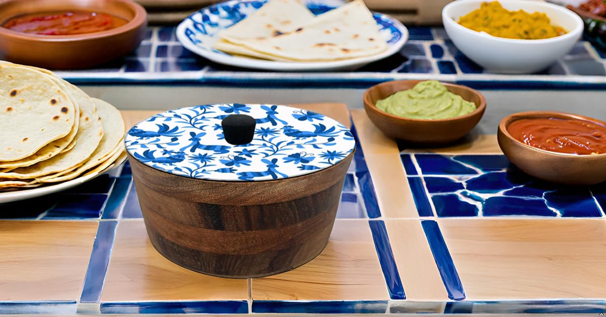 Tortillero Artesanal De Madera De Parota Con Tapa Decorada Y Resina – Hecho A Mano En México Por Mujeres Artesanas Modelo: Otomí Blanco