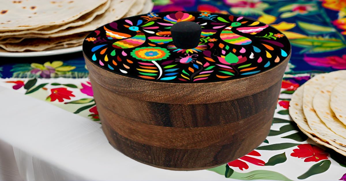 HASTA LA RAIZ | Tortillero Artesanal de Madera de Parota con Tapa Decorada y Resina – Hecho a Mano en México por Mujeres Artesanas Modelo: Tenango azul