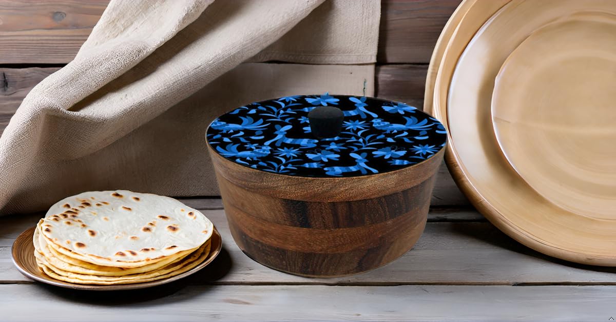 Tortillero Artesanal De Madera De Parota Con Tapa Decorada Y Resina – Hecho A Mano En México Por Mujeres Artesanas Modelo: Otomí Negro