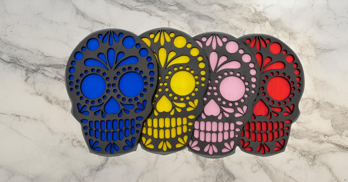 Set De Portavasos Día De Muertos En Forma De Calavera En Madera De Mdf - Hechos Y Pintados A Mano | Hecho a mano en México