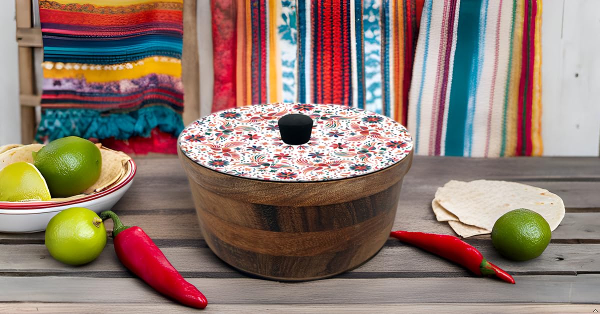 HASTA LA RAIZ | Tortillero Artesanal de Madera de Parota con Tapa Decorada y Resina – Hecho a Mano en México por Mujeres Artesanas Modelo: Tenango blanco