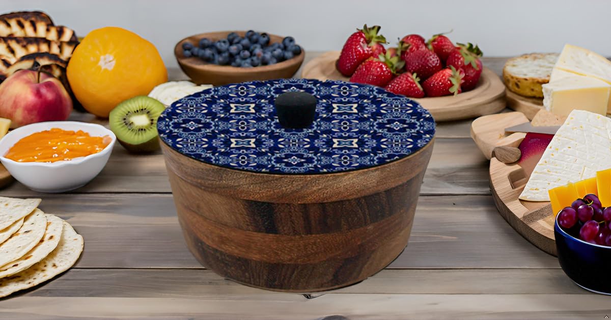 Tortillero Artesanal De Madera De Parota Con Tapa Decorada Y Resina – Hecho A Mano En México Por Mujeres Artesanas Modelo: Talavera Marino