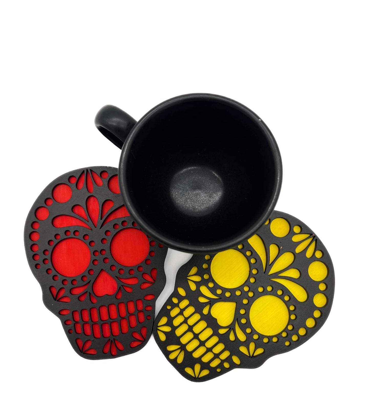 Set De Portavasos Día De Muertos En Forma De Calavera En Madera De Mdf - Hechos Y Pintados A Mano | Hecho a mano en México