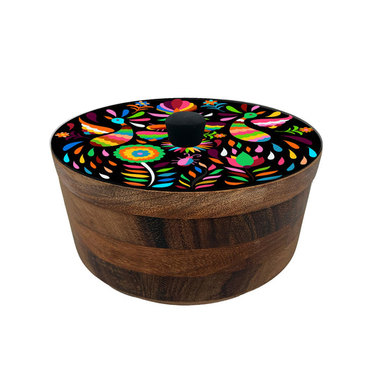 HASTA LA RAIZ | Tortillero Artesanal de Madera de Parota con Tapa Decorada y Resina – Hecho a Mano en México por Mujeres Artesanas Modelo: Tenango multicolor