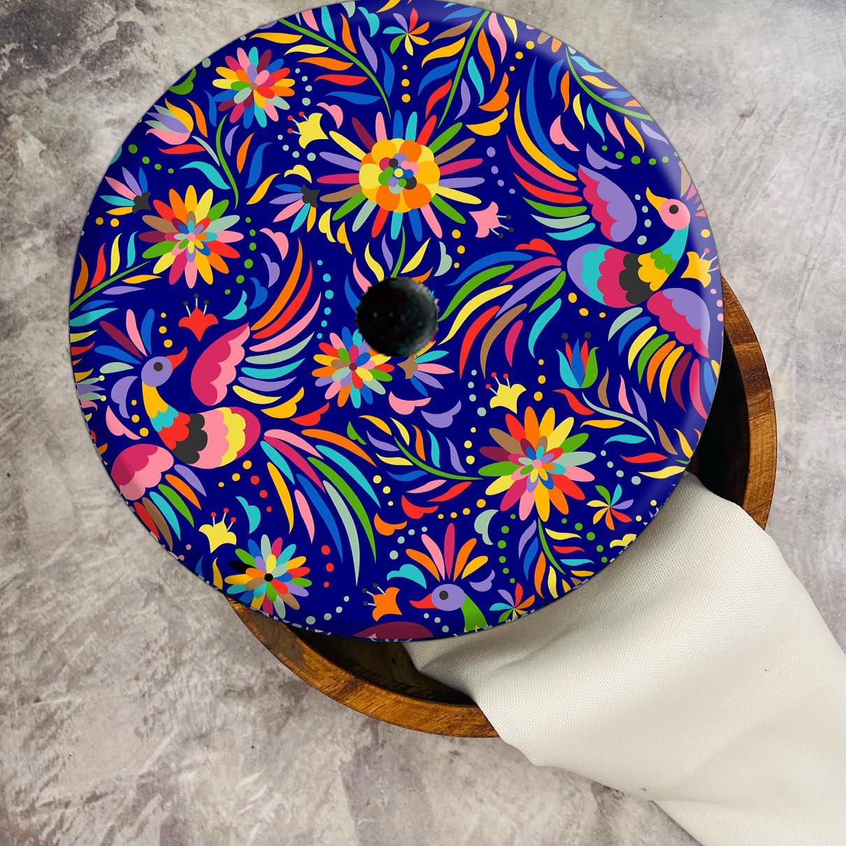 HASTA LA RAIZ | Tortillero Artesanal de Madera de Parota con Tapa Decorada y Resina – Hecho a Mano en México por Mujeres Artesanas Modelo: Tenango azul