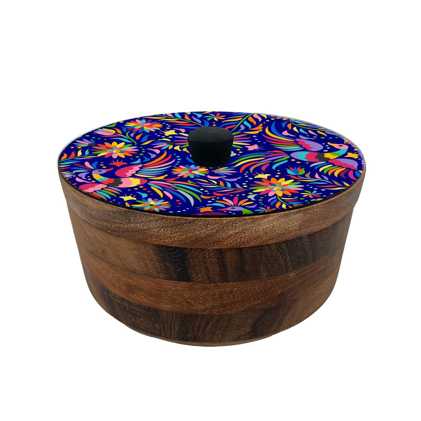 HASTA LA RAIZ | Tortillero Artesanal de Madera de Parota con Tapa Decorada y Resina – Hecho a Mano en México por Mujeres Artesanas Modelo: Tenango azul