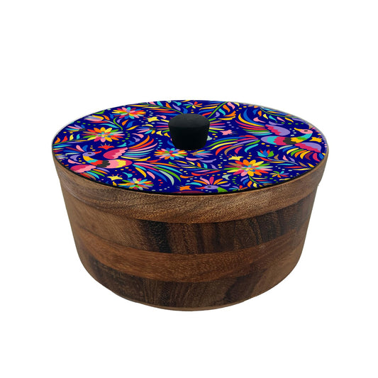 HASTA LA RAIZ | Tortillero Artesanal de Madera de Parota con Tapa Decorada y Resina – Hecho a Mano en México por Mujeres Artesanas Modelo: Tenango azul