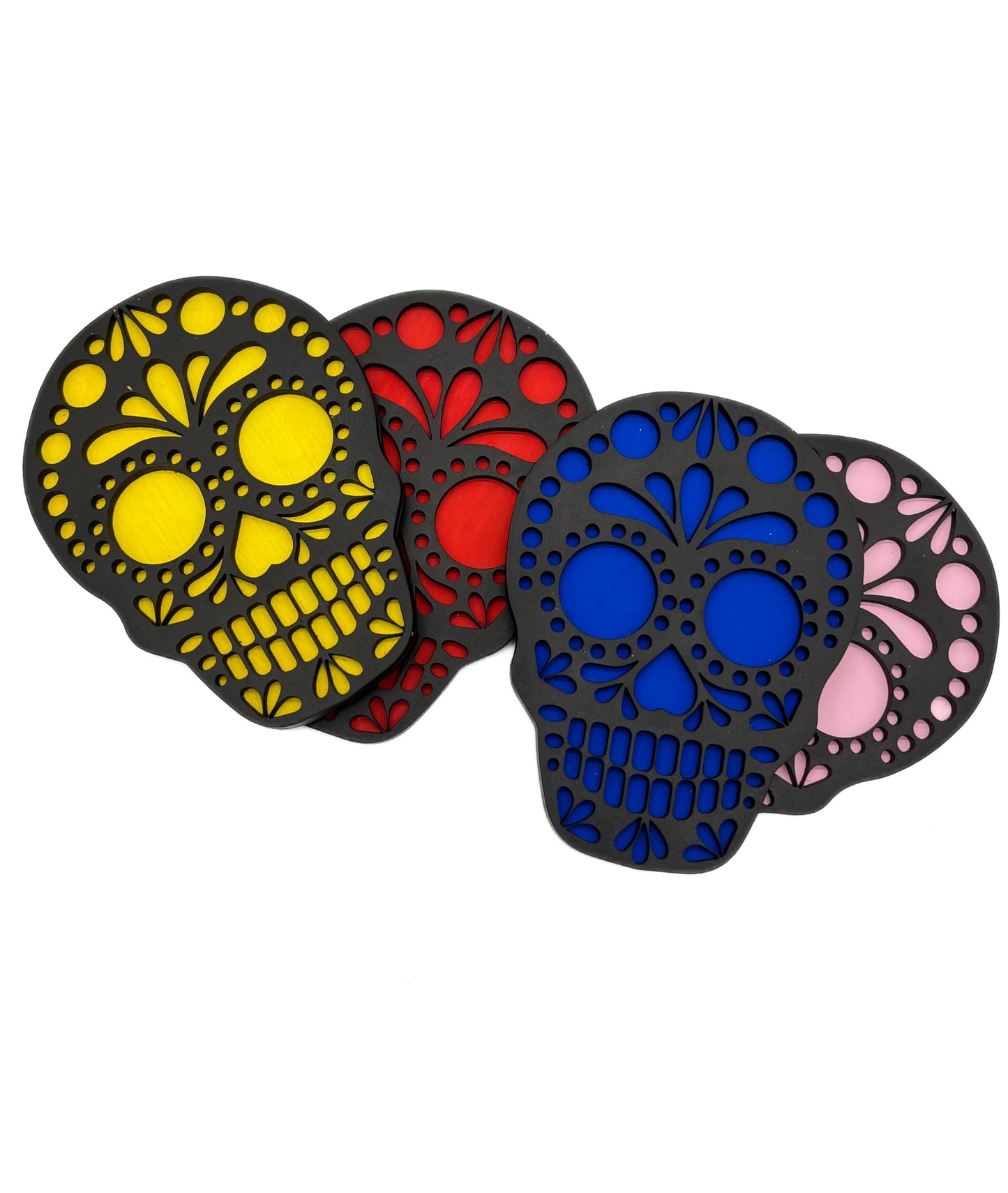 Set De Portavasos Día De Muertos En Forma De Calavera En Madera De Mdf - Hechos Y Pintados A Mano | Hecho a mano en México