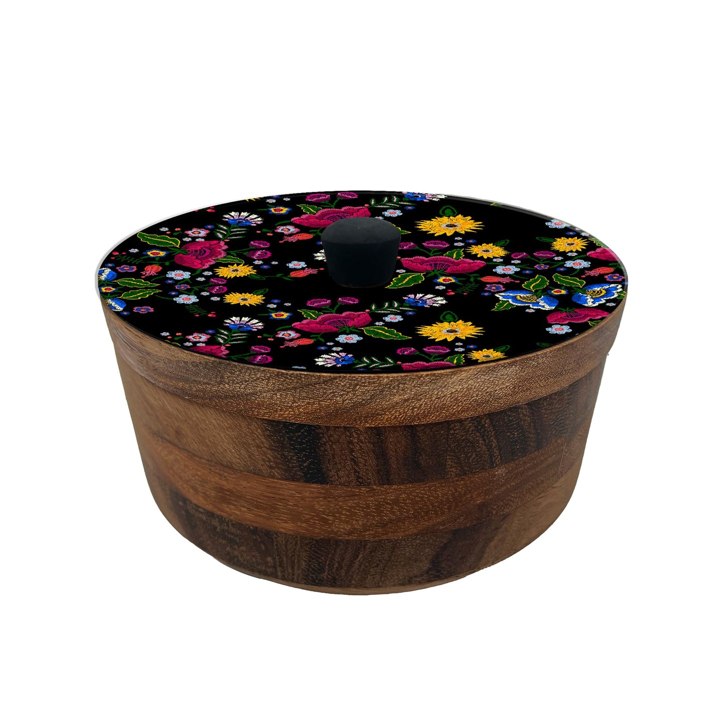 Imagen de tortillero artesanal de madera de parota con tapa decorada y resina – hecho a mano en méxico por mujeres artesanas modelo: xochimilco artesanal mexicano