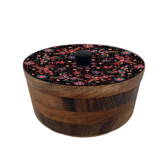 HASTA LA RAIZ | Tortillero Artesanal de Madera de Parota con Tapa Decorada y Resina – Hecho a Mano en México por Mujeres Artesanas Modelo: Tenango negro