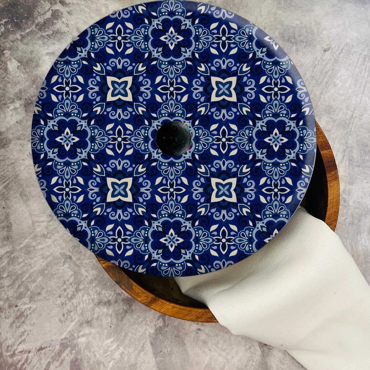 Tortillero Artesanal De Madera De Parota Con Tapa Decorada Y Resina – Hecho A Mano En México Por Mujeres Artesanas Modelo: Talavera Marino