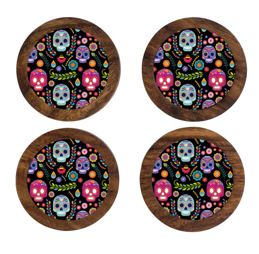 HASTA LA RAIZ | Juego de 4 Portavasos artesanales, coasters hechos a mano. Modelo: Calaverita