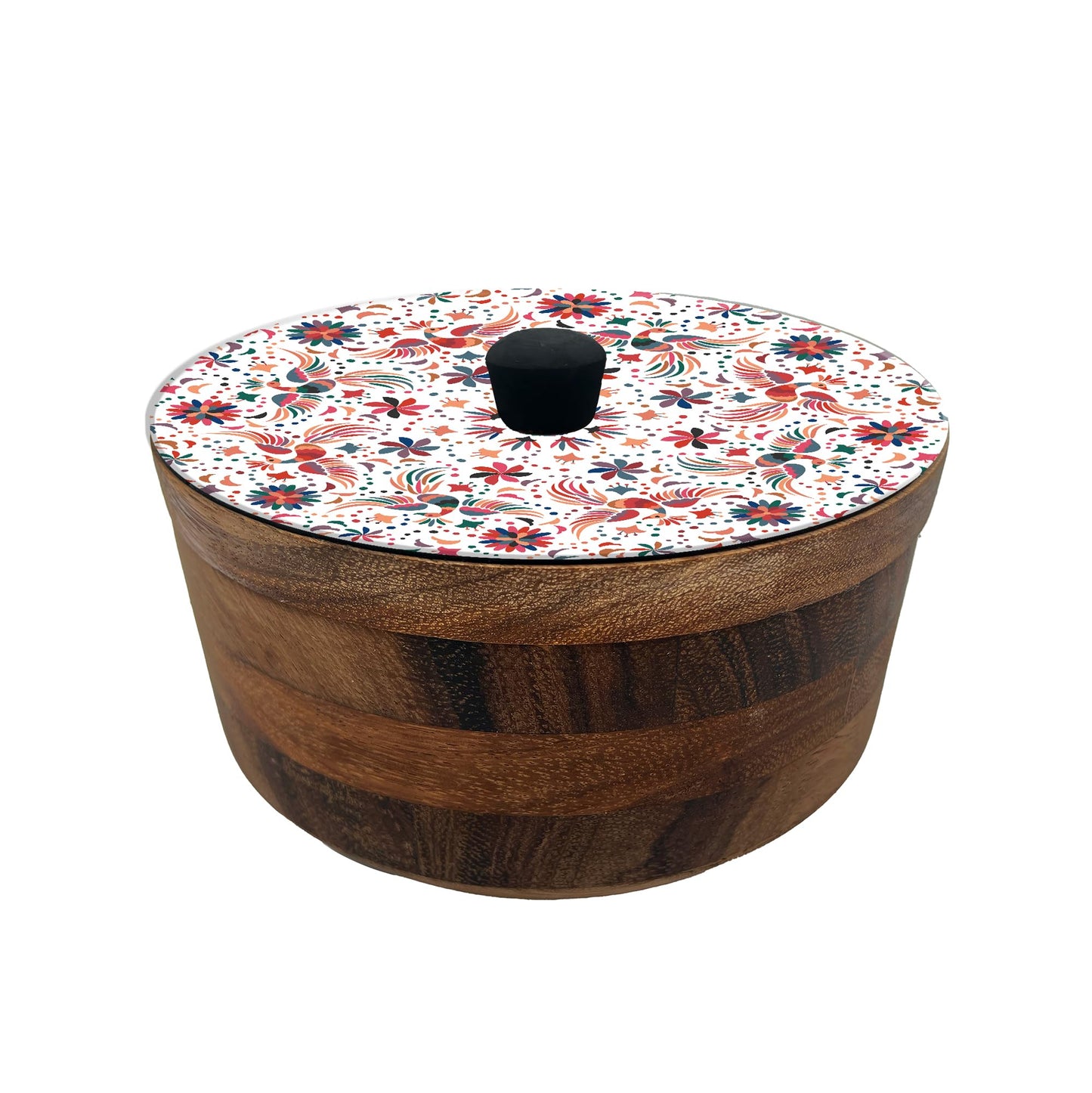 HASTA LA RAIZ | Tortillero Artesanal de Madera de Parota con Tapa Decorada y Resina – Hecho a Mano en México por Mujeres Artesanas Modelo: Tenango blanco