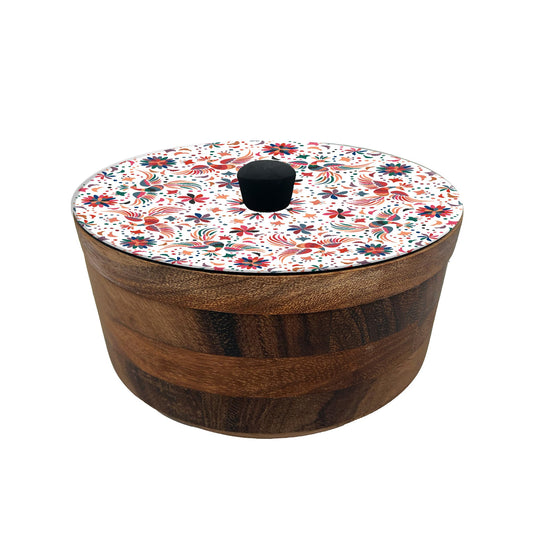 HASTA LA RAIZ | Tortillero Artesanal de Madera de Parota con Tapa Decorada y Resina – Hecho a Mano en México por Mujeres Artesanas Modelo: Tenango blanco