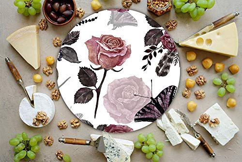Tabla Redonda Para Quesos, Botanas Y Carnes Frias Hecha A Mano. Modelo Rosas Y Mariposas. | Hecho a mano en México